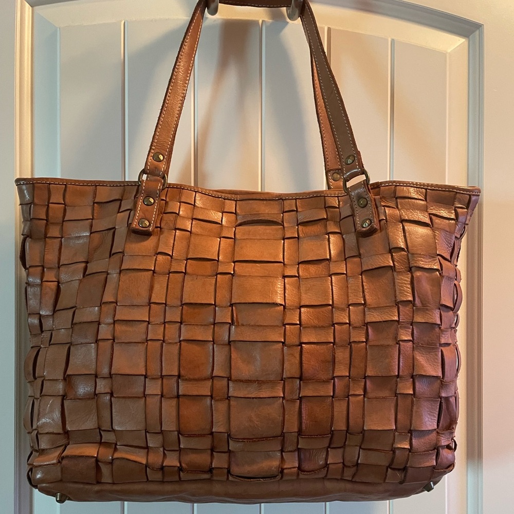Woven Leather Tote Bag in Cognac Brown